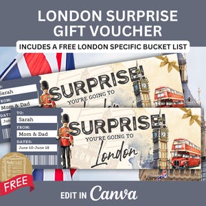 Billete de regalo sorpresa para un viaje a Londres, Inglaterra. Plantilla editable de tarjeta de embarque para un cupón imprimible para Londres