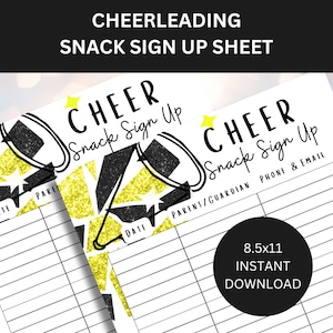 Puede incluir: Hoja de inscripción para refrigerios de porristas imprimible con un diseño de purpurina negra y dorada. La hoja tiene un título que dice "Cheer Snack Sign Up" e incluye espacio para la fecha, el nombre del padre/tutor, el número de teléfono y la dirección de correo electrónico. La hoja mide 8,5x11 pulgadas y es una descarga instantánea.