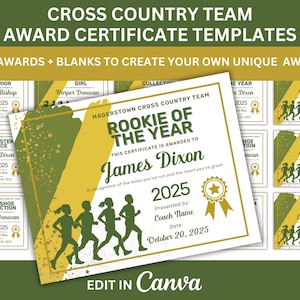 May include: Cross country team award certificate templates. The image shows a stack of certificates with a green and gold color scheme. The main certificate reads "Rookie of the Year" and includes the name "James Dixon". The certificates are editable in Canva.