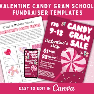 May include: Valentine's Day candy gram school fundraiser templates. The image shows a flyer and a phone screen with the text "CANDY GRAM SALE" and "Valentine's Day". The flyer has a heart-shaped lollipop graphic.