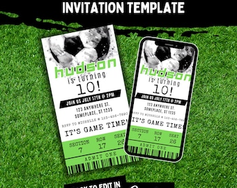 Soccer Birthday Party Video Invitation Ticket Editable Template for Soccer Party Invitation for Soccer Themed B-Day Party Invitation