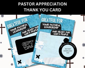 Op de afbeelding: Twee bedrukbare bedankkaartjes in blauw en wit voor een pastor. De kaartjes zeggen "Greatful for your faithful leadership and heart for God's people". Eén kaartje heeft een zwarte cadeaukaart-plaatsaanduiding. De tekst "Gift Card Not Included" en "Instant Download PDF" staat in een zwarte cirkel.