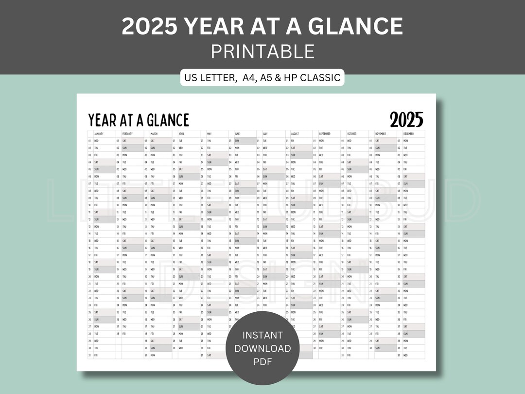 Year at a Glance 2025 Printable Calendar Yearly Overview Printable and