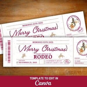 May include: Two rodeo-themed Christmas vouchers with the text "Merry Christmas" and "You're going to the Rodeo." The vouchers include a cowboy graphic, issue date, and show date. The template is editable in Canva.