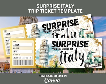 May include: A printable ticket template for a surprise trip to Italy. The ticket features a watercolor illustration of the Leaning Tower of Pisa and a Vespa scooter. The text on the ticket reads "Surprise! You're going to Italy!"