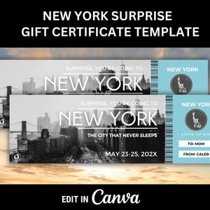 Billet cadeau voyage surprise à NEW YORK pour un cadeau surprise pour New York Boarding Pass Modèle modifiable pour un bon imprimable pour New York City