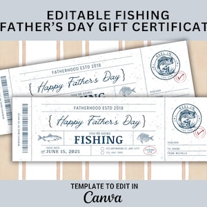 Buono regalo per la pesca, regalo per la festa del papà, modello di buono stampabile per escursione di pesca, buono regalo personalizzato per biglietto di pesca