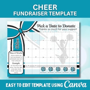 Bearbeitbarer Cheerleader-Kalender-Spendenaktion für Cheer Wählen Sie ein Datum aus, um Cheer Fundraiser Canva Template zu spenden Black out My Board Fundraiser