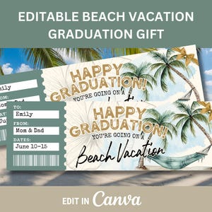 May include: Two beach vacation graduation gift tickets. The tickets have a tropical theme with palm trees, a hammock, and the words "Happy Graduation! You're going on a Beach Vacation." The tickets are customizable.
