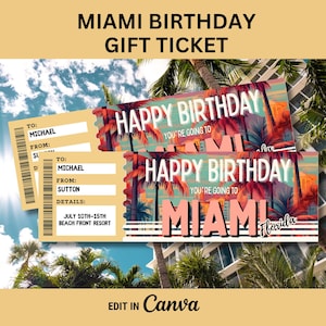 Bon de vacances à Miami pour cadeau d'anniversaire à Miami, Floride, voyage surprise à Miami Modèle de billet modifiable pour une carte d'embarquement pour Miami