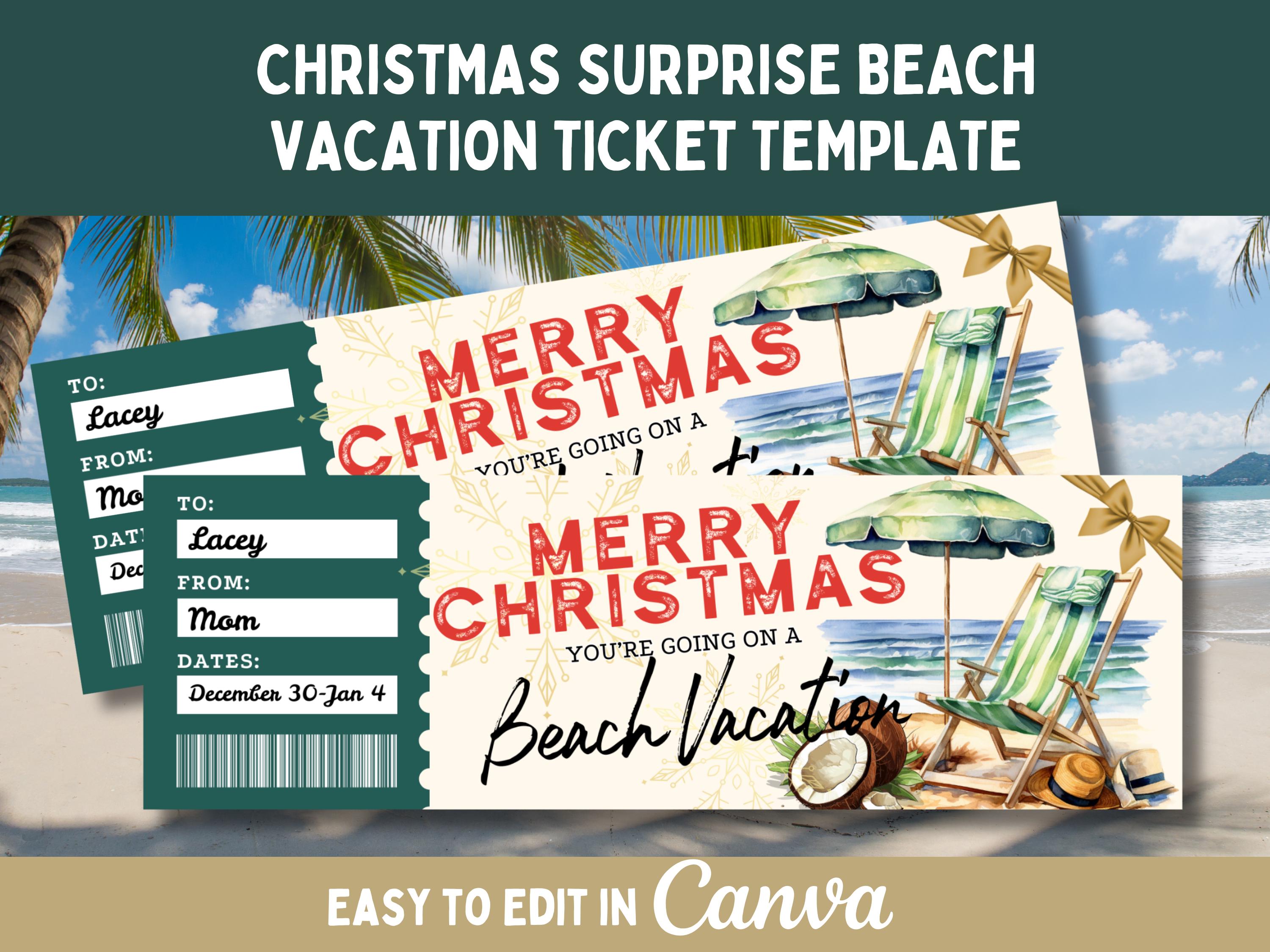 Christmas Beach Vacation Ticket for Tropical Christmas Gift to Beach Trip Reveal Gift Certificate Travel Surprise Gift Vacation Certificate