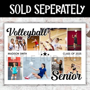 May include: A collage-style print featuring volleyball action shots and the words "Volleyball" and "Senior." The print includes the text "Madison Smith" and "Class of 2025." The background is a brick wall.
