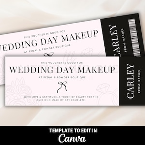 Może przedstawiać: Dwa jasnoróżowe vouchery na makijaż ślubny. Vouchery mają czarny tekst z napisem "Wedding Day Makeup" i "Carley From: Rachel". Na dole voucherów znajduje się tekst "Template to edit in Canva".