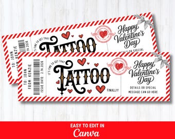 Valentine's Tattoo Gift Voucher Template for Tattoo Shop Printable Certificate for Tattoo Session Valentine Gift Coupon for Tattoo Shop
