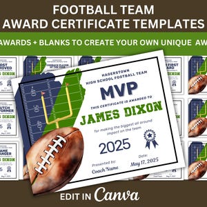 FOOTBALL TEAM AWARD Certificates for Football Banquet Awards for Football Team Recognition for End of Season Certificates Team Player Awards
