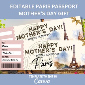 Bilhete editável Paris França para o Dia das Mães Presente para Paris Cartão de Embarque Vale-presente Presente de Viagem Surpresa Certificado de Férias