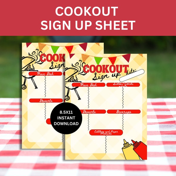Cookout Sign Up Sheet for Summer Potluck 4th of July Party Sign Up Sheet for Office Party Sign Up Sheet for Memorial Day Cookout