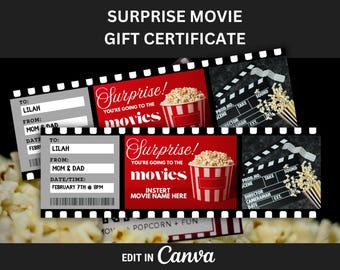 Può includere: Un modello di buono regalo per un biglietto del cinema stampabile con un secchiello di popcorn a strisce rosse e bianche, una claps in bianco e nero e il testo "Sorpresa! Stai andando al cinema".