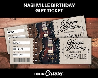 Nashville Trip Ticket voor verrassing Verjaardagscadeau naar Nashville Tennessee Instapkaart Verenigde Staten Afdrukbaar ticket Surprise Trip Reveal