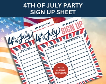 May include: Two printable 4th of July party sign up sheets with red, white, and blue stars and stripes. The sheets have columns for name and what guests are bringing. The text on the sheets reads "4th of July Party Sign Up" and "8.5x11 Instant Download".