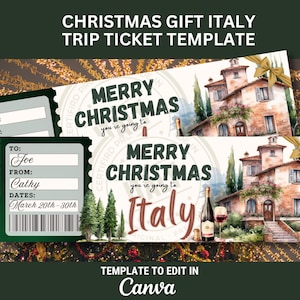 May include: A printable Christmas gift ticket template for a trip to Italy. The template features a watercolor illustration of a building with a red roof and green trees. The text on the ticket reads "Merry Christmas you're going to Italy".