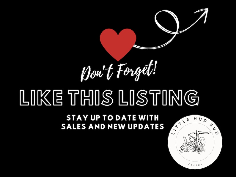 K&ouml;nnte beinhalten: Eine Schwarzwei&szlig;illustration eines Comic-Charakters, der auf einem Ast mit einem Laptop sitzt. Der Text "Don't Forget! LIKE THIS LISTING STAY UP TO DATE WITH SALES AND NEW UPDATES LITTLE HUD BUD design" ist in Wei&szlig; auf schwarzem Hintergrund geschrieben. Ein rotes Herz mit einem wei&szlig;en Pfeil, der nach rechts zeigt, befindet sich &uuml;ber dem Text.