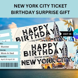 New York Birthday Gift Voucher for NYC Boarding Pass for New York City Surprise Trip Vacation Voucher Editable Template for Printable Ticket