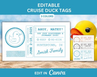 Może przedstawiać: Edytowalne etykiety z kaczkami na rejs w trzech kolorach. Projekt zawiera grafikę kaczki i tekst "Ahoy, Matey!" oraz "Carnival Celebration June 2-10, 2025". Etykiety są konfigurowalne i można je edytować w Canva.