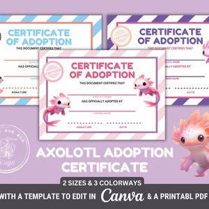 Certificaat van adoptie van Axolotl voor Axolotl Verjaardagscadeau Afdrukbaar verjaardagsfeestje adoptie huisdier Axolotl-certificaat