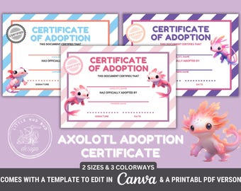 Certificato di adozione di Axolotl per regalo di compleanno di Axolotl, stampabile, per la festa di compleanno di adozione di un animale domestico, certificato di adozione di Axolotl