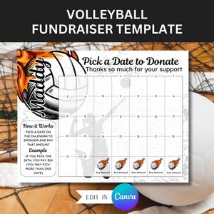 Editable Volleyball Calendar Fundraiser for Volleyball Pick a Date to Donate Volleyball Fundraiser Canva Template Fill My Board
