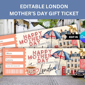 London Trip Surprise Gift Ticket for Mother&#39;s Day Gift to London England Boarding Pass to United Kingdom Editable Template for Voucher
