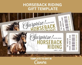 May include: A printable gift certificate template for horseback riding. The template features a brown horse with a flowing mane and tail, and the text "Surprise! You're going horseback riding" in a decorative font. The template is designed to be edited in Canva.