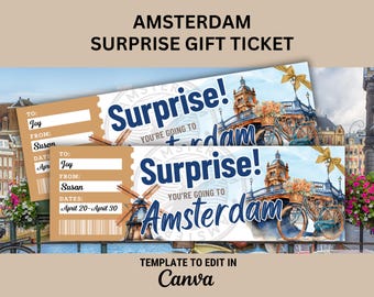Viaje sorpresa a Ámsterdam Billete de regalo a Países Bajos Billete de regalo para vacaciones Tarjeta de embarque a Ámsterdam Regalo a Holanda
