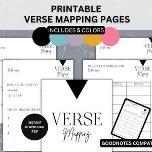 May include: Printable Bible verse mapping pages in five colors: black, teal, purple, yellow, and pink. The pages include sections for cross-references, historical context, other translations, original language, meaning, and a deeper word study. The pages are compatible with GoodNotes.