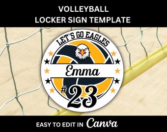 Pode incluir: Modelo de sinal de cacifo de voleibol redondo com o texto "VOLLEYBALL LOCKER SIGN TEMPLATE". O sinal apresenta um design de voleibol com uma mascote de águia, o nome "Emma" e o número "23". O texto "EASY TO EDIT IN Canva" também está incluído.