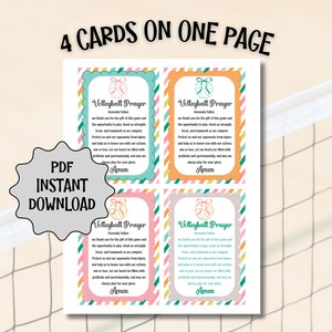 May include: A printable PDF featuring four volleyball prayer cards. Each card has a colorful border and includes a prayer for the game. The words "4 CARDS ON ONE PAGE" and "PDF INSTANT DOWNLOAD" are also visible.