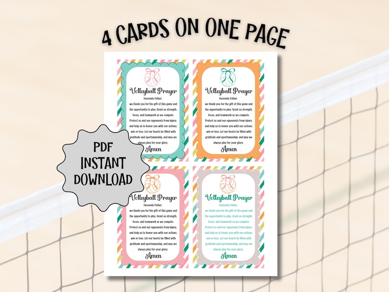 May include: A printable PDF featuring four volleyball prayer cards. Each card has a colorful border and includes a prayer for the game. The words "4 CARDS ON ONE PAGE" and "PDF INSTANT DOWNLOAD" are also visible.