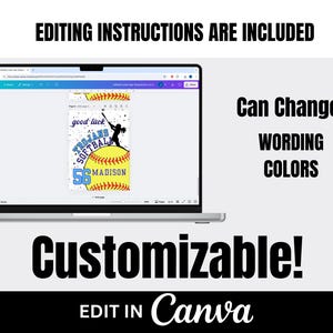 May include: A laptop screen displaying a softball-themed graphic with the text "good luck TROJANS SOFTBALL 56 MADISON". The graphic is customizable in Canva, with options to change the wording and colours.