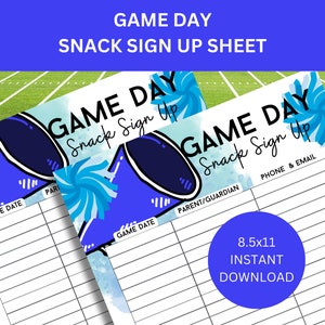 May include: Printable Game Day Snack Sign Up Sheet with a blue and white cheerleader pom pom and megaphone design. The sheet has columns for game date, parent/guardian, phone and email.