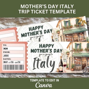 ITALY Mother&#39;s Day Surprise Trip Reveal for Mother&#39;s Day Gift to Italy Surprise Trip Ticket to Italy Printable Travel Voucher Template