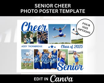 Könnte beinhalten: Eine weiße Poster-Vorlage für Cheerleaderinnen im Abschlussjahr mit einem blau-weißen Cheer-Thema. Das Poster zeigt eine Collage von Fotos von Cheerleadern in verschiedenen Posen, darunter eine Cheerleaderin in der Luft. Das Poster enthält auch den Text "Cheer", "Class of 2025" und "Senior".
