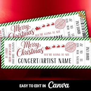 Könnte beinhalten: Zwei Tickets zum Thema Weihnachten mit rotem und grünem Design. Auf den Tickets steht "Frohe Weihnachten" und "Du wirst sehen" mit Platz für ein Konzert oder den Namen eines Künstlers. Die Tickets sind für Hayley personalisiert.