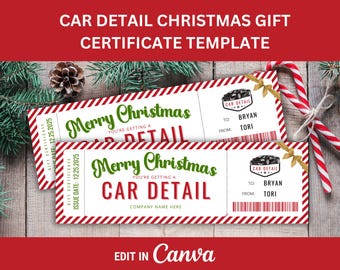 Op de afbeelding: Twee kerstcadeaubon templates voor autodetail met rood-witte gestreepte randen. De certificaten zeggen "Vrolijk Kerstfeest" en "Je krijgt een autodetail". De certificaten zijn gepersonaliseerd "Aan: Bryan Van: Tori".