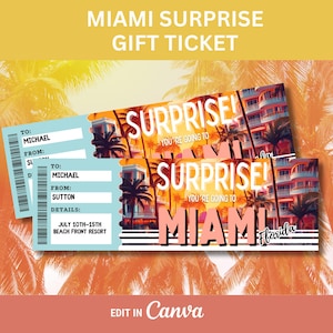 Miami Urlaubsgutschein für Überraschungsgeschenk nach Miami Florida Surprise Trip Ticket nach Miami bearbeitbare Ticketvorlage für Bordkarte nach Miami