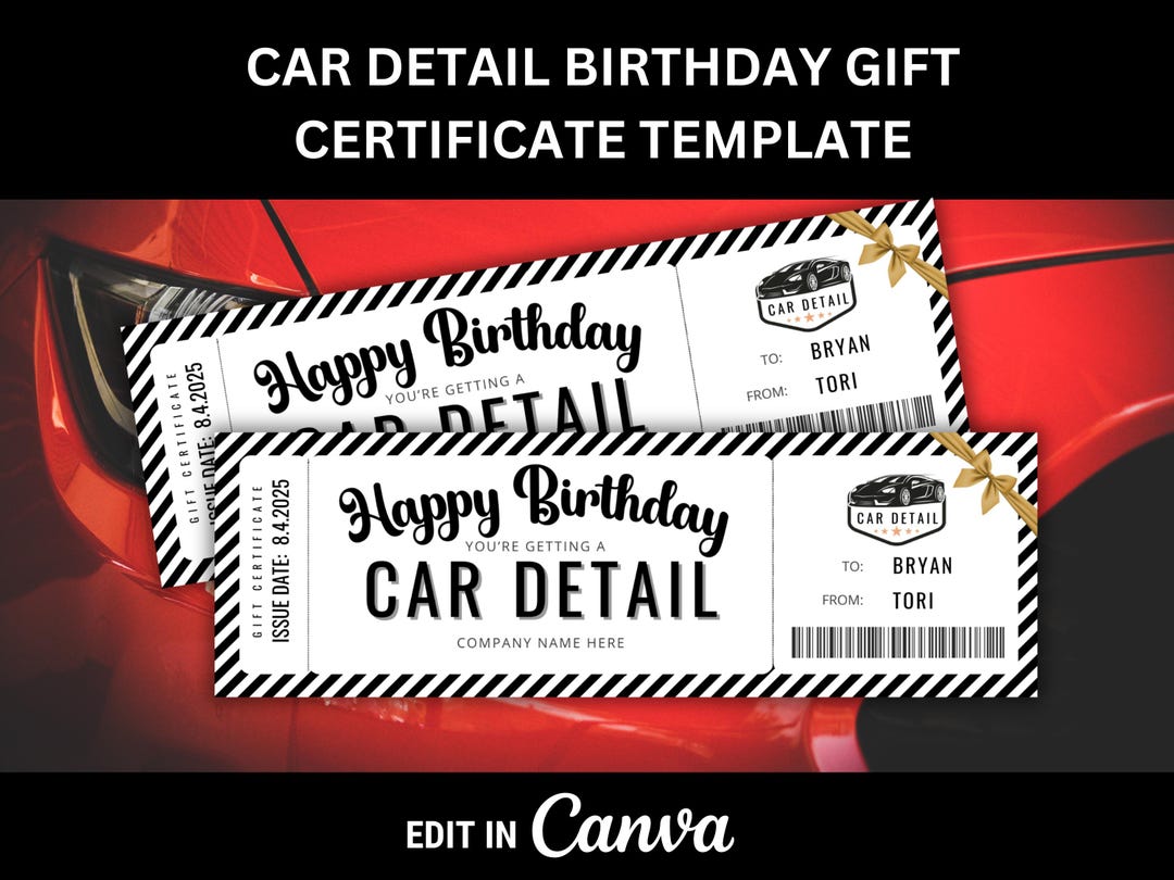 Car Detailing Gift Certificate for Birthday Gift for Car Detail