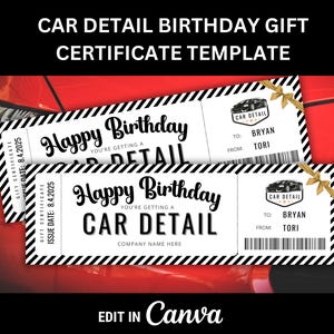 Car Detailing Gift Certificate for Birthday Gift for Car Detail Template for Auto Detailing Gift Voucher for Car Lover Gift Printable