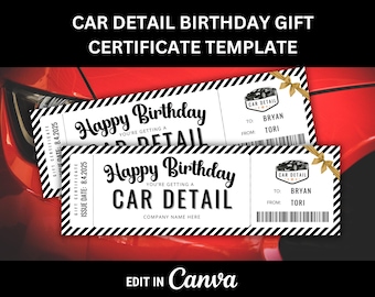 Op de afbeelding: Twee cadeaubonnen voor een auto detail verjaardag met zwart-witte diagonale strepen. De certificaten luiden "Happy Birthday, You're getting a Car Detail." De certificaten hebben een autografiek en zijn vastgebonden met een gouden lint.