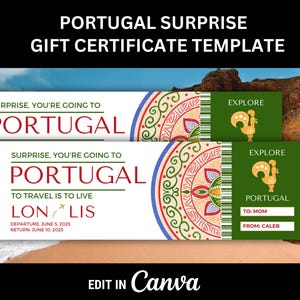 PORTUGAL Surprise Trip Gift Ticket for Surprise Gift to Portugal Boarding Pass Editable Template for Printable Voucher to Portugal