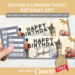 Billet cadeau surprise voyage à Londres pour un anniversaire surprise à Londres Modèle modifiable de carte d'embarquement pour un bon à imprimer pour Londres